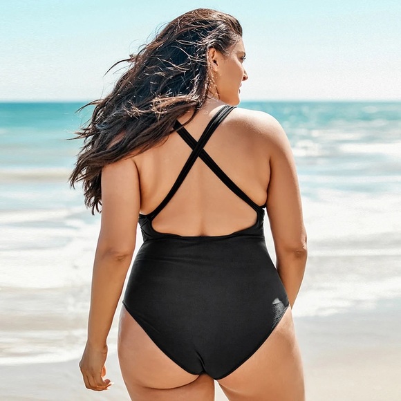 Women One Piece Swimsuit Tummy Control Bathing Suit Black-White Ruched‎ M - Picture 3 of 3